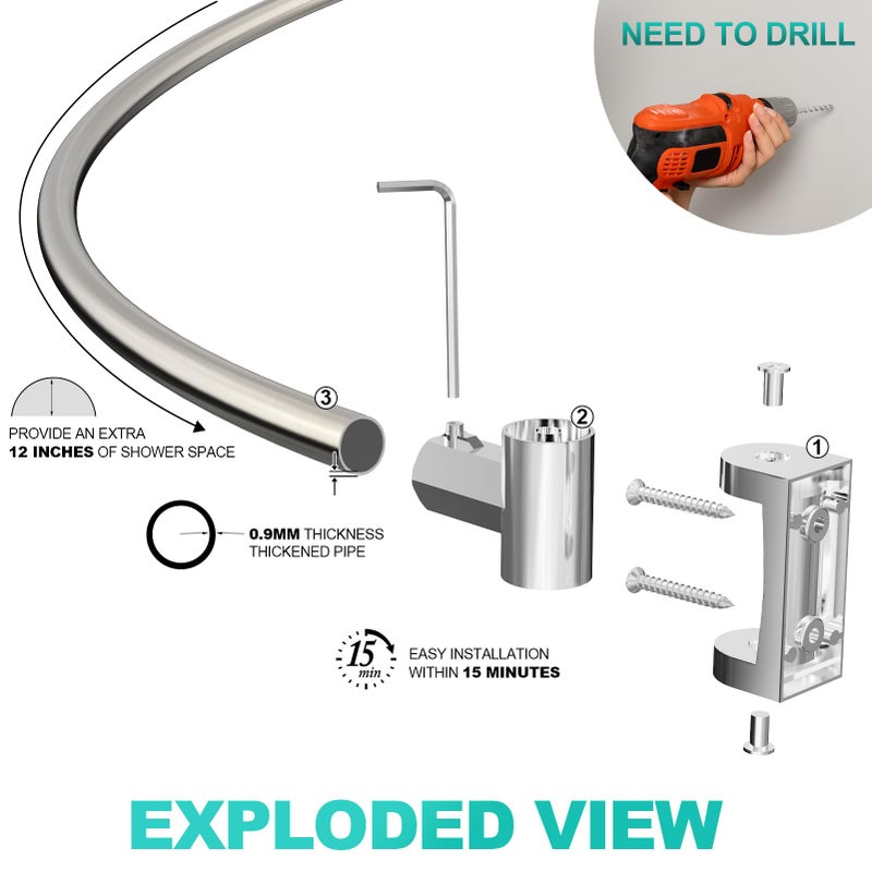 PrettyHome Curved Shower Curtain Rod For Bathroom 38-72 Inches, Adjustable Length, Curved Shower Rod, Metal Rods&Brackets, Round Shower Curtain Rods, Rotate Bracket For Large Shower Space, Need Drilling, Nickle - Image 5